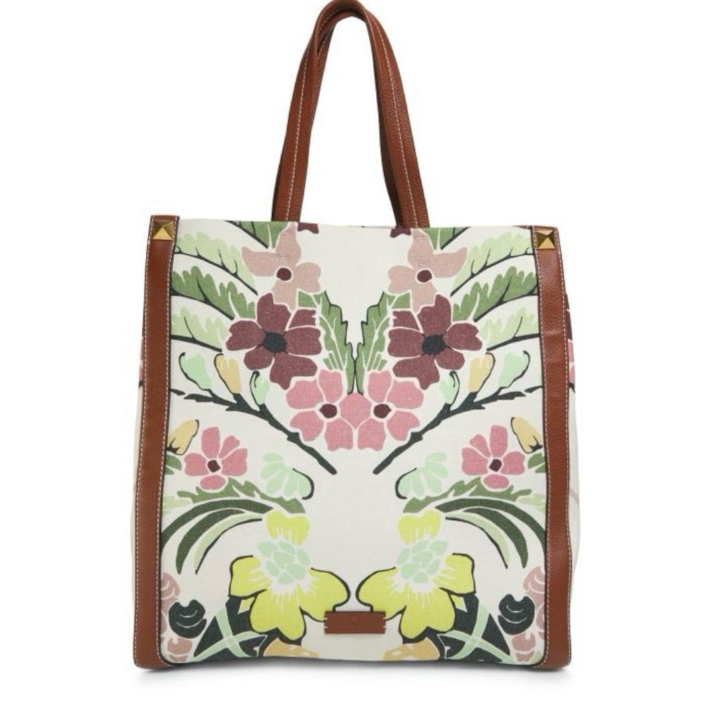 Valentino Garavani Floral Canvas Tote in White, Brown, Pink, Green, Yellow